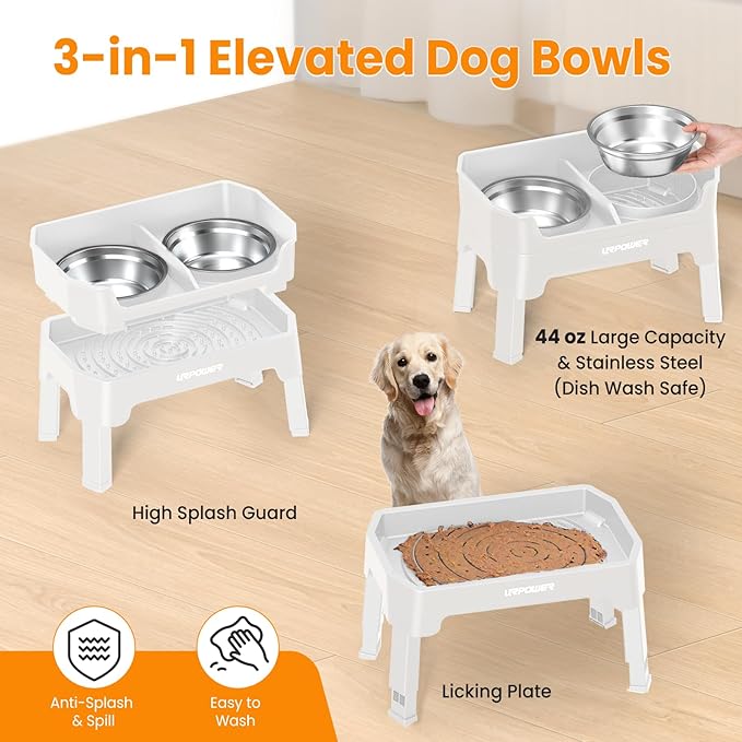 URPOWER 3-in-1 Elevated Dog Bowls - Mess Proof Double Deck 4 Height Adjustable Raised Stand with 2 Stainless Steel Food Bowls & Licking Plate for Small, Medium & Large Dogs