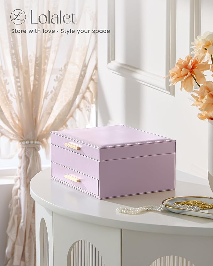 Lolalet 2-Layer Jewelry Box Organizer for Women Girls, Jewelry Storage Case Holder with Drawers for Necklaces Ring Earrings Bracelet Watch, Gifts for Galentines Valentines Girlfriend Wife -Purple