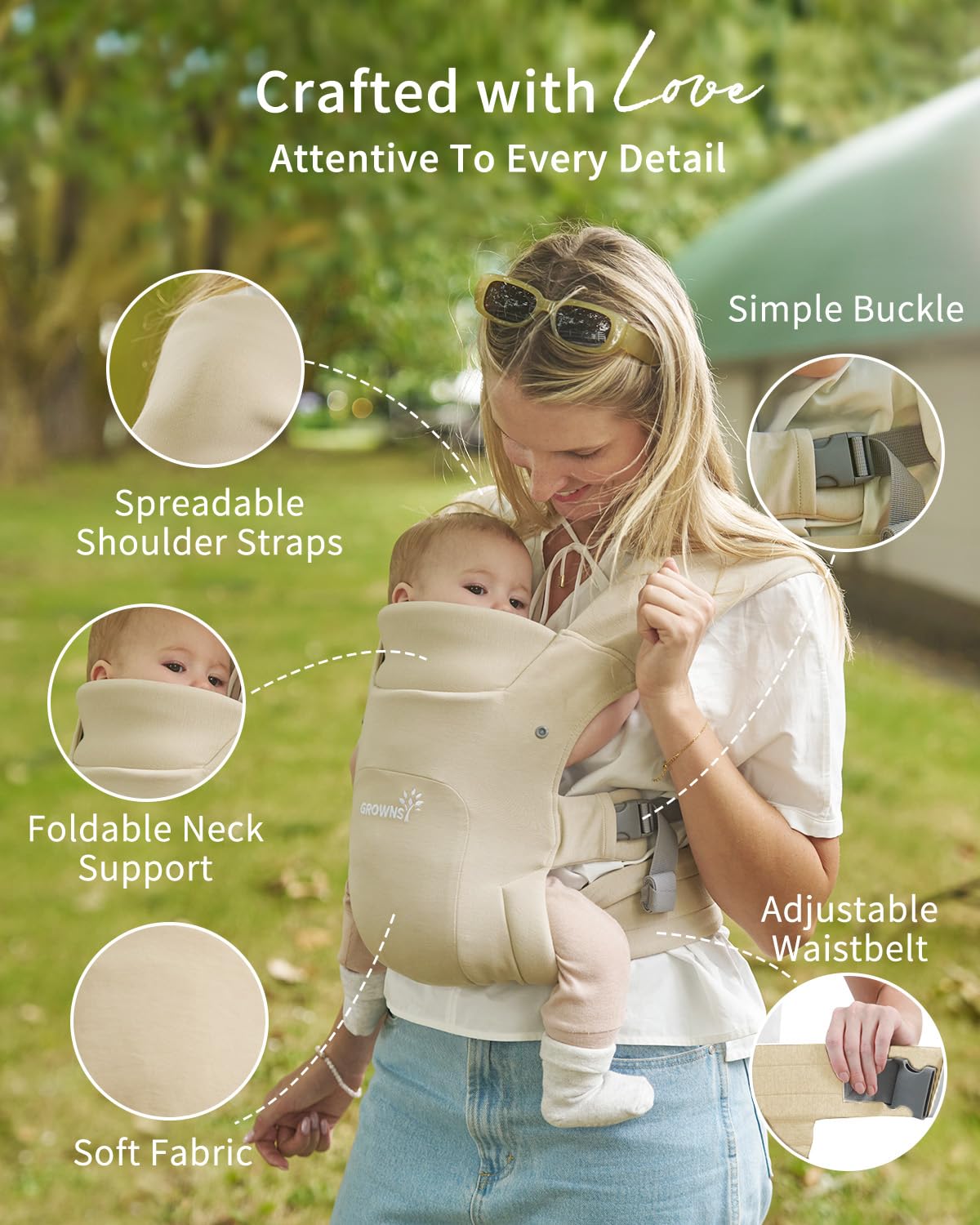 GROWNSY Baby Carrier, Cozy Newborn Carrier, Ergonomic Baby Wraps Carrier Newborn to Toddler with Head Support, Cream