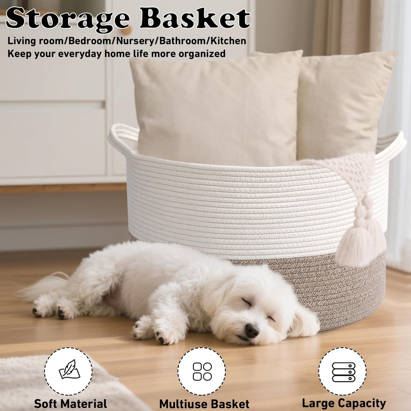 HZFTJOY 65L Large Woven Cotton Rope Blanket Basket with Handles, Laundry Hamper Storage Bin for Pillows, Clothes, Bedroom and Living Room Organization, White & Brown