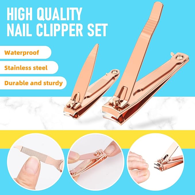 Nail Clipper Set, Sturdy Stainless Steel Fingernails & Toenails Clippers & Nail File, Sharp Effortless Fingernail Toenail Trimmer, Portable Nail Cutter for Women Men（Rose Gold）