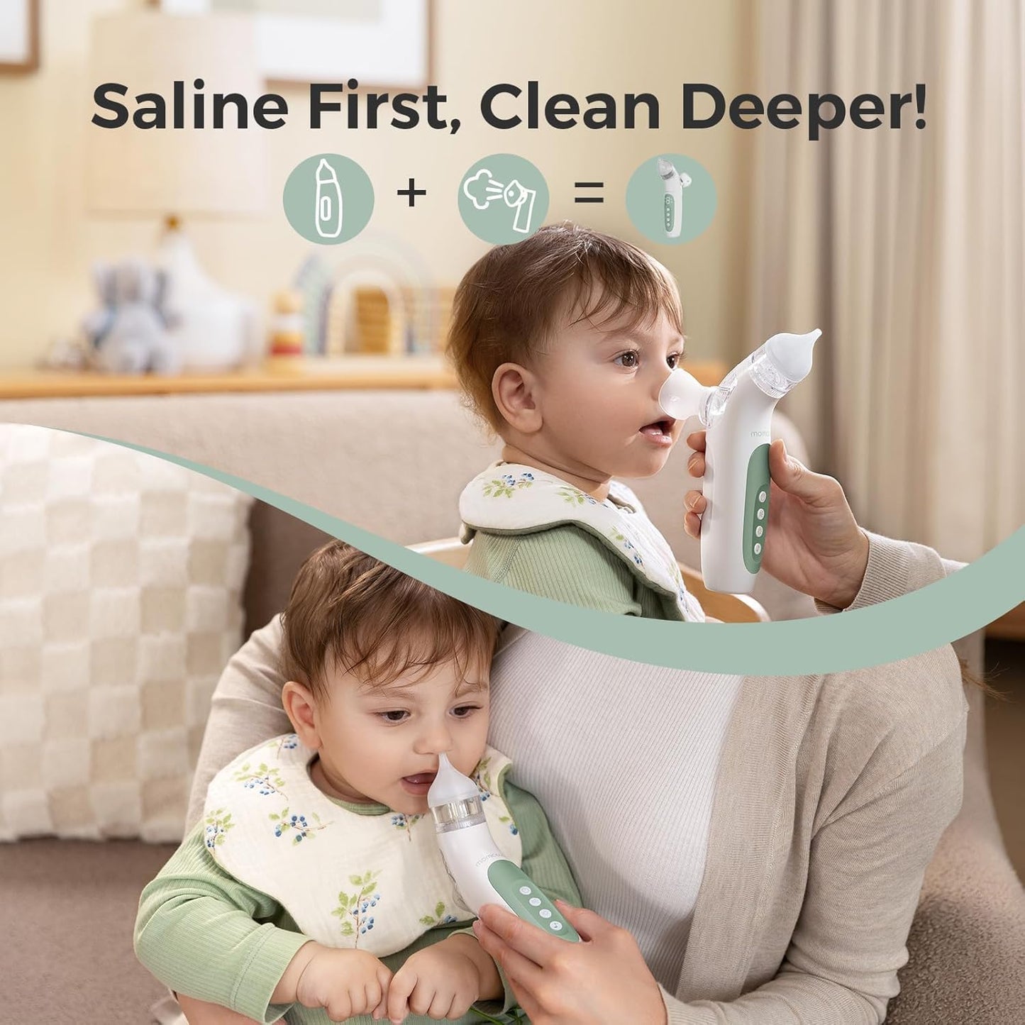 Momcozy BreezyClear™ 2-in-1 Electric Nasal Aspirator for Baby with Spray, 65kPa Hospital-Grade Suction, 4 Adjustable Levels, Quiet & Portable Nose Cleaner with Soothing Light & Music