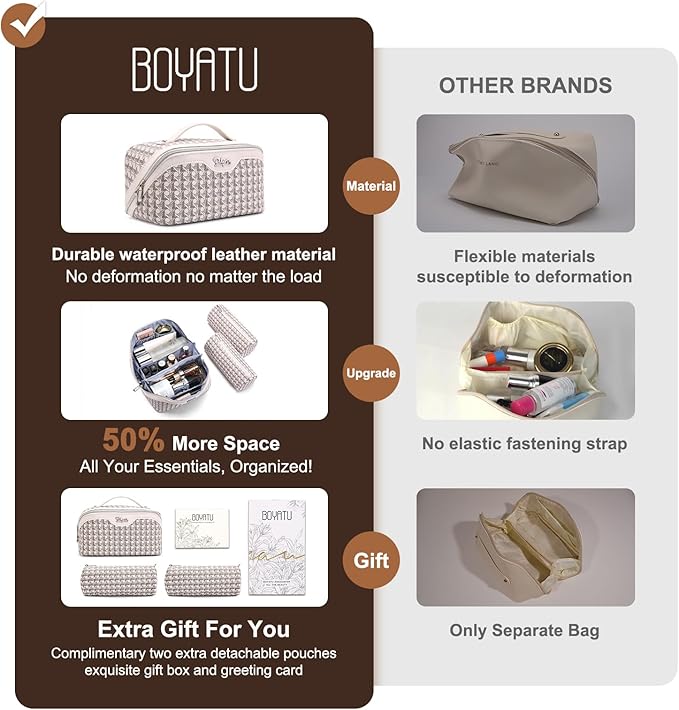 BOYATU Travel Makeup Bag Cosmetic Bags for Women: Large Capacity 3 Pcs Set Make up Bag with Compartments - Waterproof Vegan Leather Toiletry Organizer Bags with Handle (M-80Off-white)