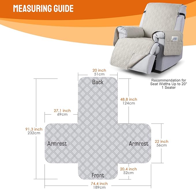 VANSOFY 100% Waterproof Recliner Chair Covers, Recliner Cover Non-Slip Dog Chair Cover Furniture Protector Washable Slipcover with Pocket, Elastic Straps for Pets, Dogs(Beige, 20")