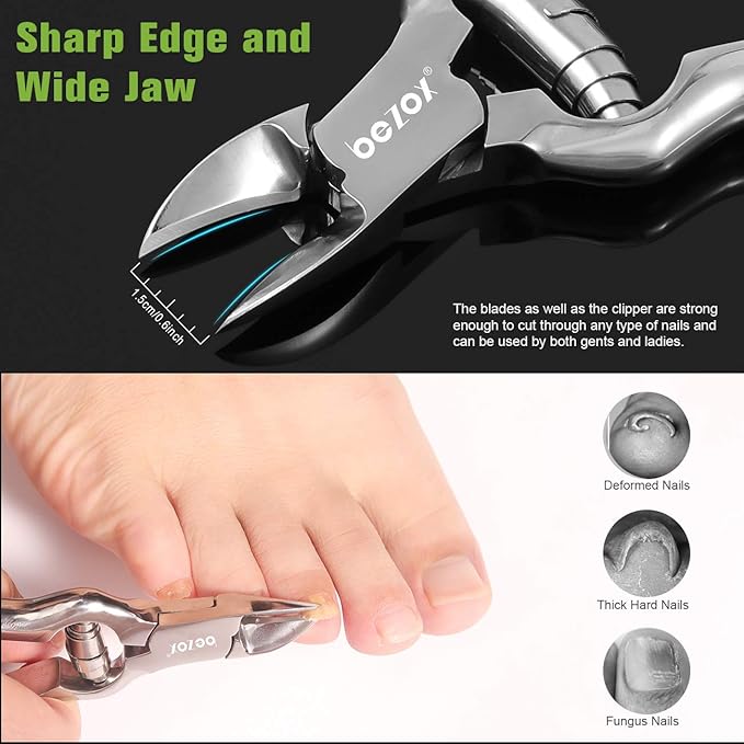 BEZOX Heavy Duty Podiatrist Toenail Clippers for Thick and Ingrown Nails, Stainless Steel Toe Nail Clipper, Pordiatry Ingrwon Toenail Tools - Silver