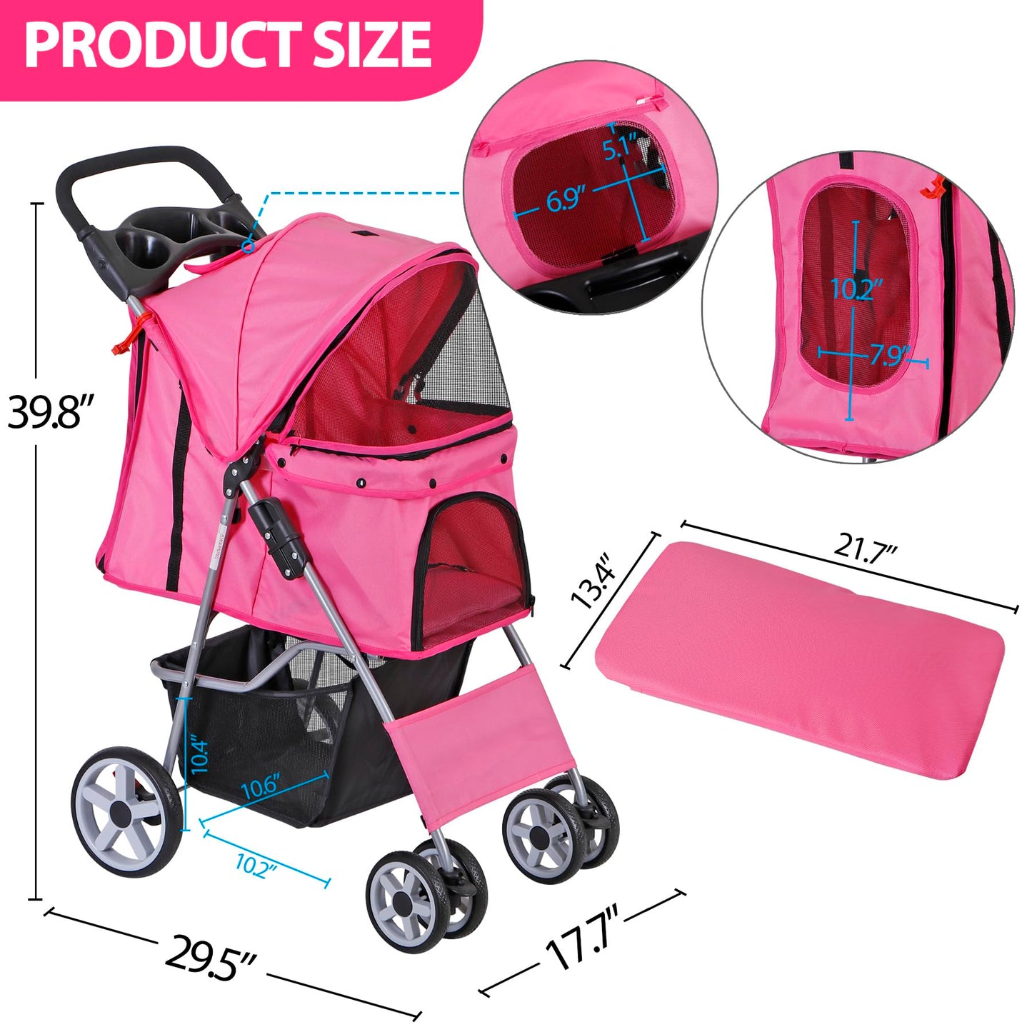 Pet Stroller 4 Wheels Dog Cat Stroller for Small Medium Dog Cats Carrier Jogger Travel Foldable Puppy with Storage Basket and Cup Holder (Pink)
