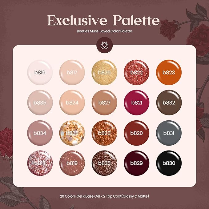 Beetles Gel Nail Polish Set, 23Pcs Brown Burgundy Red Nude Pink Gel Polish Set with Base Top Coat Verse of Roses Kit, Soak off Uv Gel Golden Glitter Holiday Nail Gift for Women