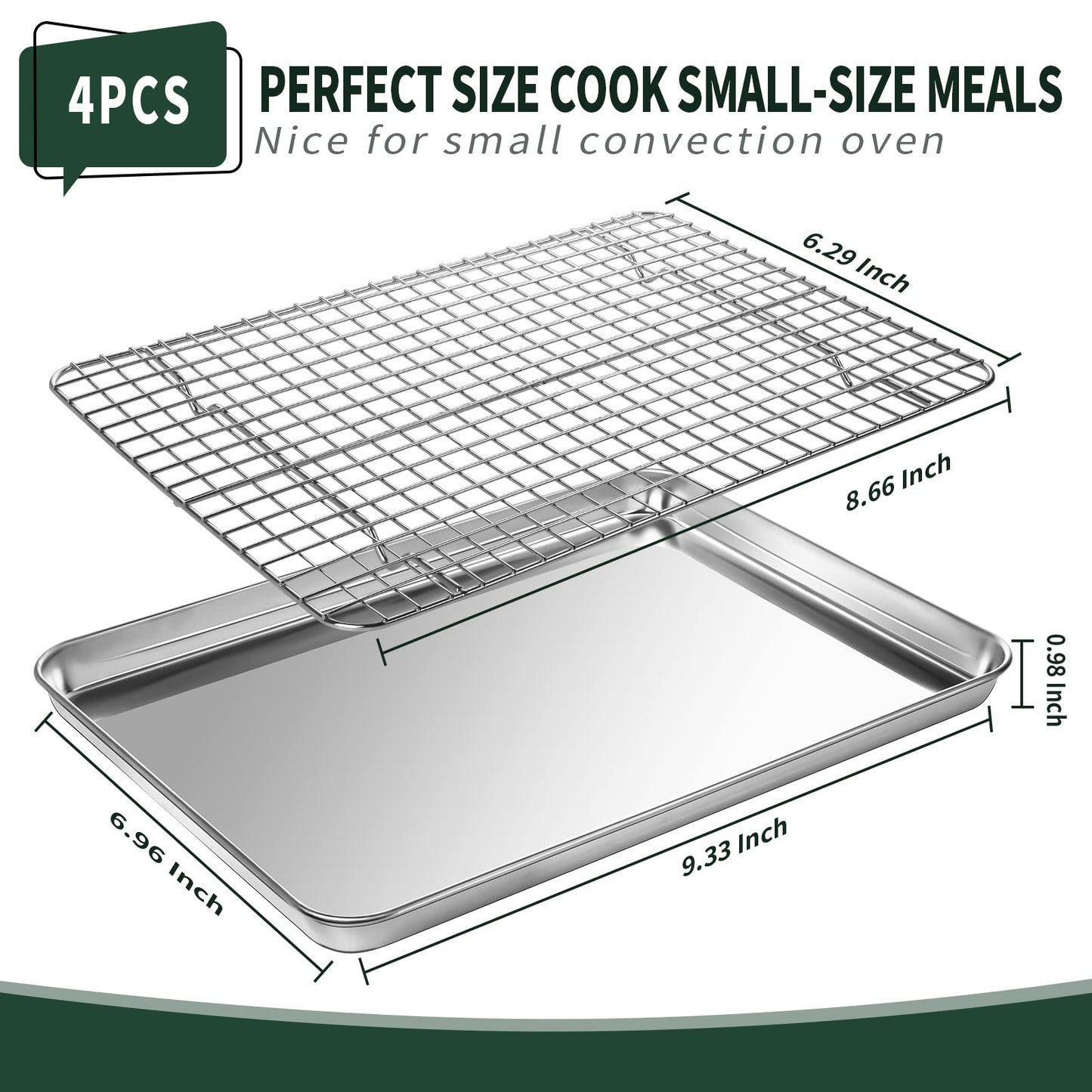 Small Baking Sheet with Rack Set [2 Small Cookie Sheets + 2 Small Baking Racks], CEKEE Stainless Steel Small Baking Pan and Grill Rack - Rust & Warp Resistant & Nonstick, Size 9.33 x 6.96 x 1 Inch