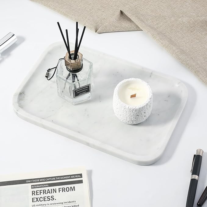 Koville Marble Tray, 12"x8" Bianco Carrara Marble Vanity Tray for Countertop Bathroom Kitchen Dresser, Decorative Catchall Trays for Perfume Jewelry, Rectangular Stone Serving Tray