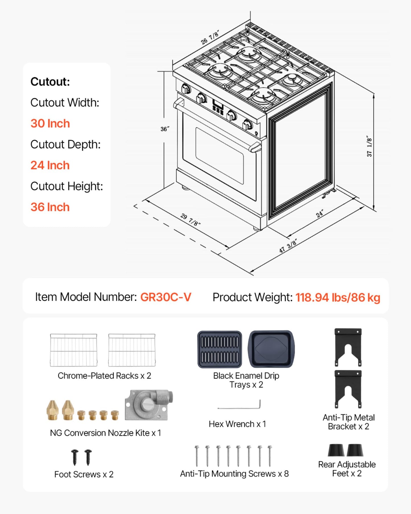 VEVOR Gas Range Oven, 30 Inches Width, Freestanding Stainless Steel Stove and Oven with 4 Sealed Cooktop Burners, Easy Reach Racks, Halogen Light, 4.8 Cu. Ft. Capacity, for Home Apartment Kitchen