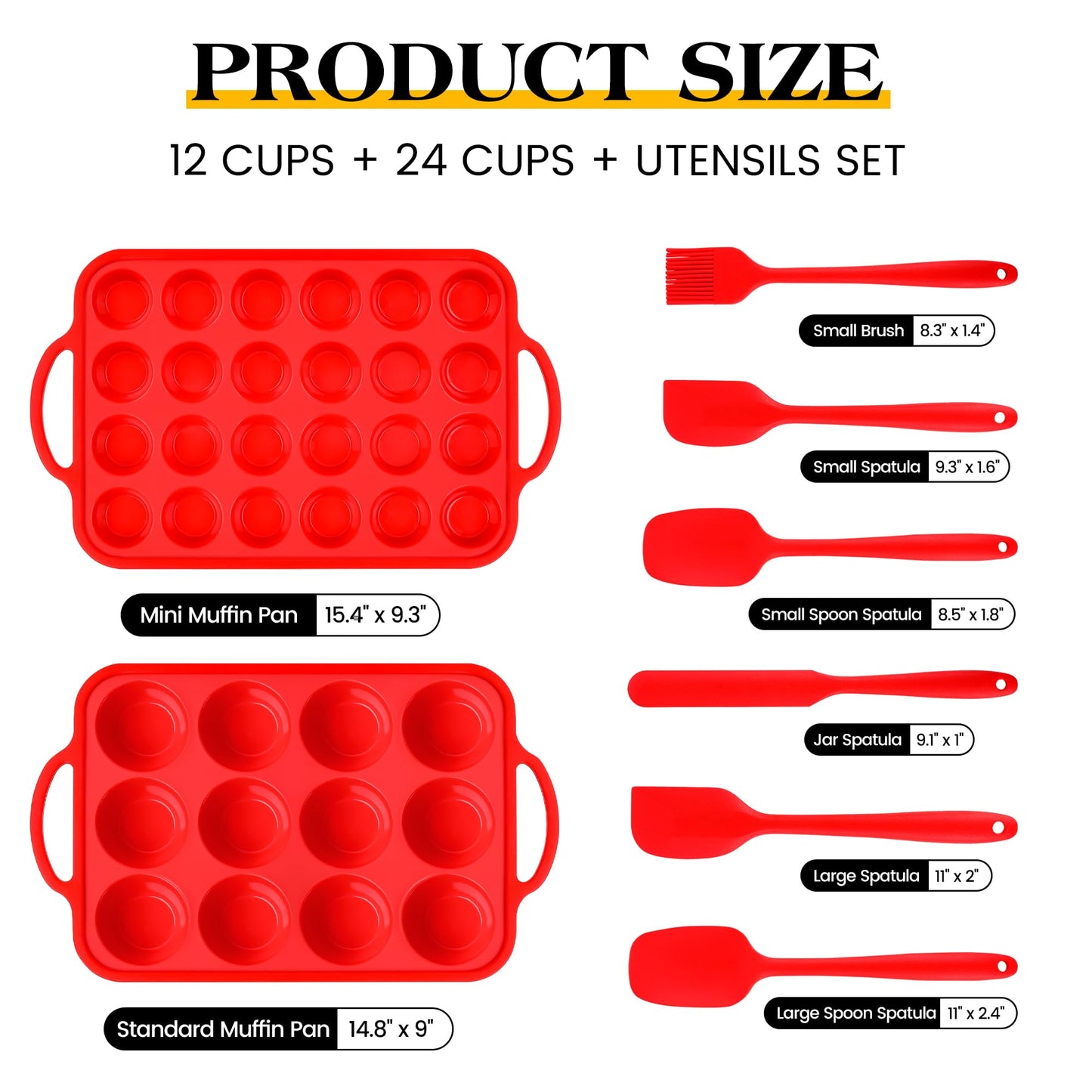 AOTASO 8 Pcs Silicone Muffin Pan Set, 12 Cup Regular & 24 Cup Mini Nonstick Muffin Tray with 6 Pcs Utensils, Silicone Muffin Pan for Baking with Metal Reinforced Frame, BPA Free (Red)