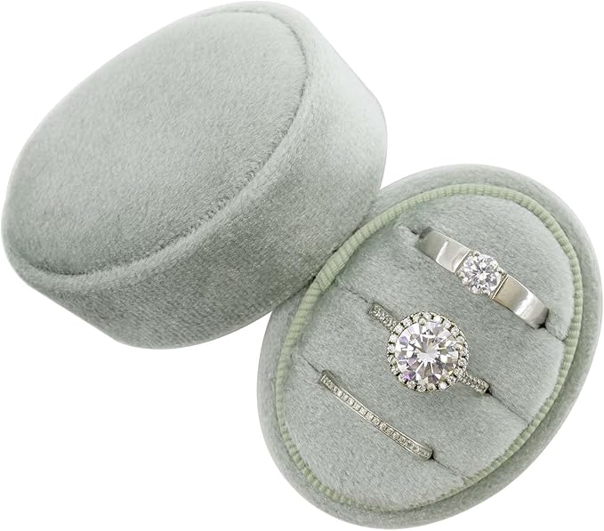 Velvet Oval Ring Box 3 Slots - Premium Wedding Three Rings Box Vintage Handmade Storage Jewelry Organizer for Proposal, Engagement, Wedding Ceremony, Christmas (Sage Green)