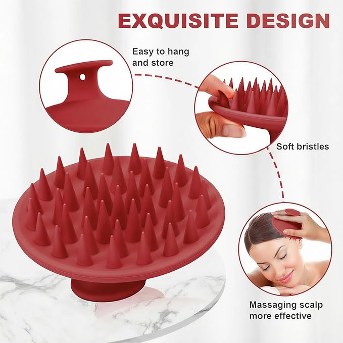 Silicone Scalp Massager Shampoo Brush, Scalp Brush for Hair Growth & Dandruff Removal, Hair Scrubber Scalp Stimulator Exfoliator Brush with Soft Bristles for Wet Dry Scalp Care (Ruby Red)