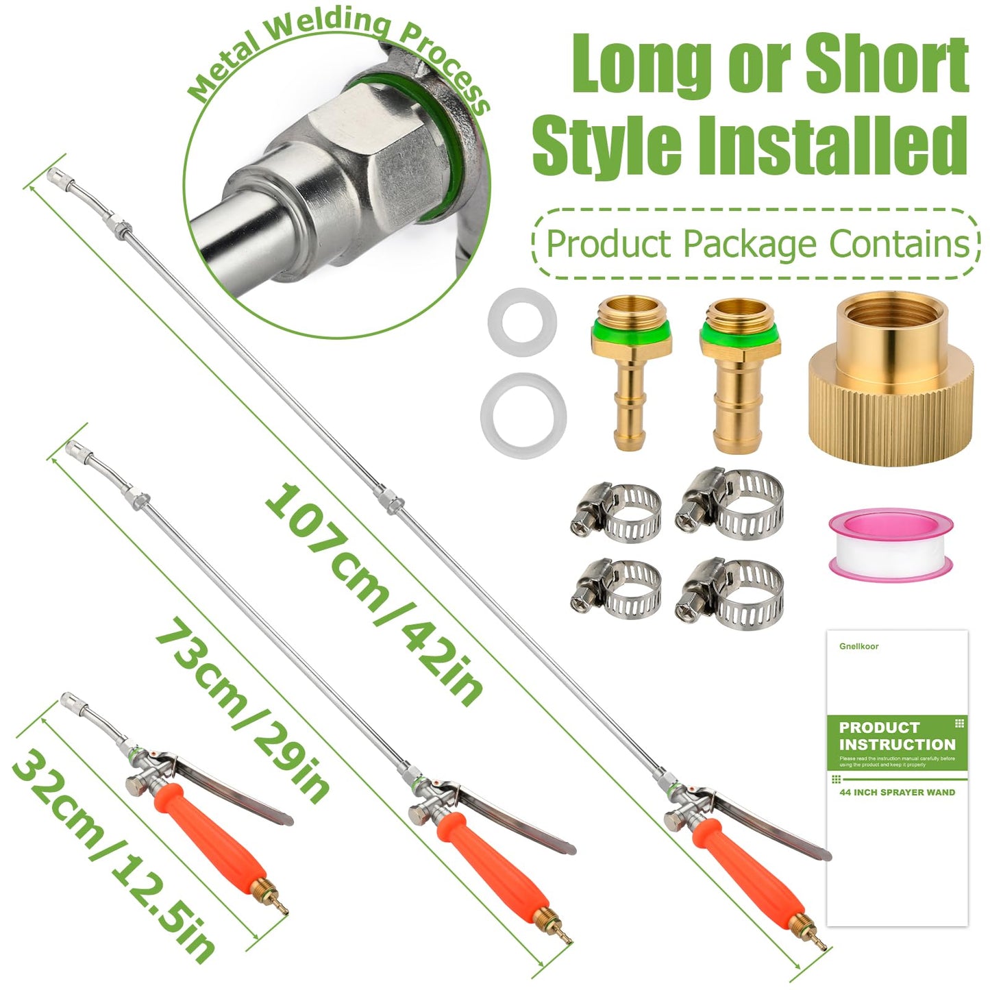 Tecreddy Replacement Pump Sprayer Wand, 41 Inch All Metal Spray Wand with Stainless Steel Extension Tubes, 1/4" 3/8" Brass Barbs & 3/4" Garden Hose Joint Parts for Weed Lawn Plants Careing Watering