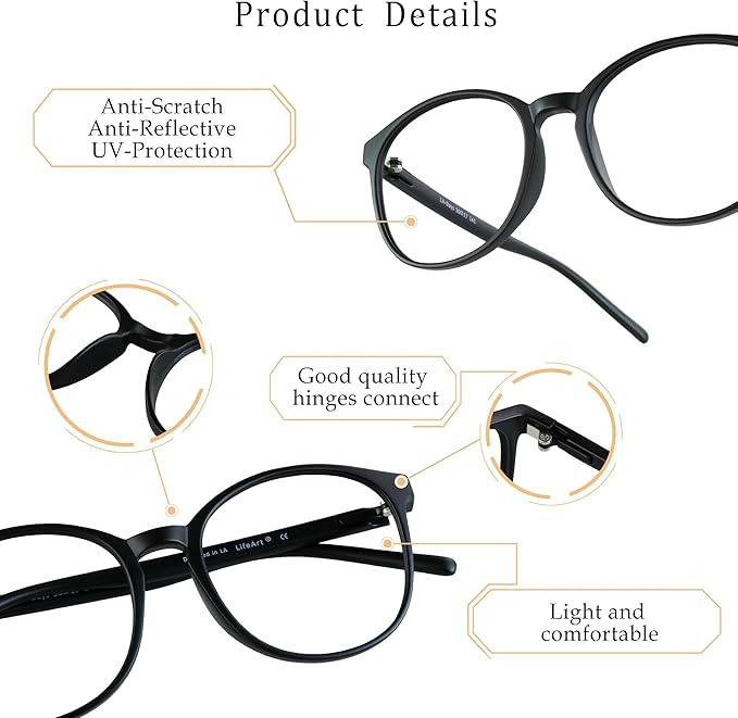 LifeArt Round Blue Light Blocking Glasses, Computer Glasses, Gaming Glasses, TV Glasses for Women Men (Black, 4.75 Magnification)