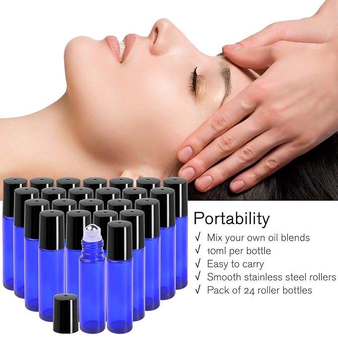 PrettyCare Roller Bottles 10ml (12 Pack Blue Glass, Black Cap, 24 Labels, 2 Extra roller balls, Opener, 2 Funnels) for essential oils, Roll on Bottles