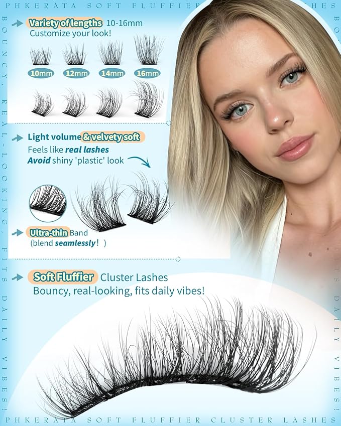 PHKERATA Wispy Lash Clusters Natural Eyelash Clusters 180Pcs Cluster Eyelash Extensions C Curled Cluster Lashes DIY Individual Lashes Soft Eye Lash Extension with Ultra-thin Band, 10-16MM