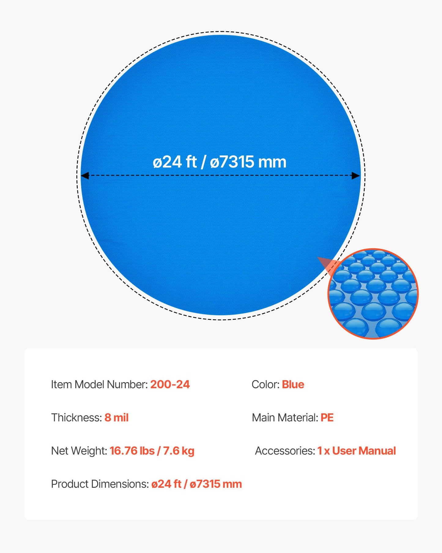 VEVOR Solar Pool Cover, 24 ft Round Pool Bubble Cover, 8 Mil Pools Solar Blanket with Bubble & PE Material, Daytime Heat Absorption, Nighttime Heat Retention, Heat Retaining Solars Covers, Blue