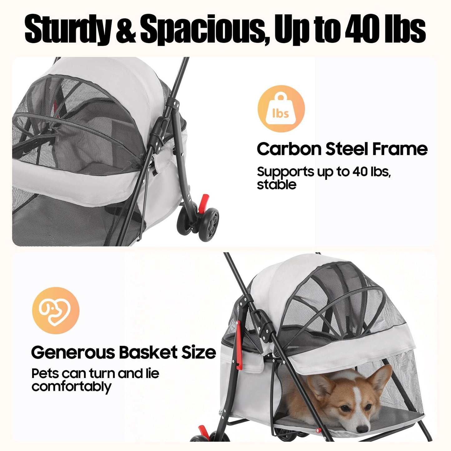 Pet Stroller for Small Medium Dogs Cats, Lightweight Foldable Pet Wagon with 360° Front Wheels & Brake, 40 lbs Capacity Carrier for Park Travel Shopping, Breathable Mesh Basket (Light Gray)