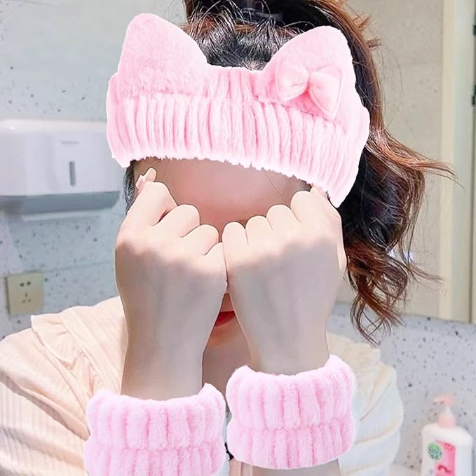 Cute Spa Headband and Wristband Set for Women Kawaii Ear Pink Makeup Headband for Washing Face (3PCS, Pink)