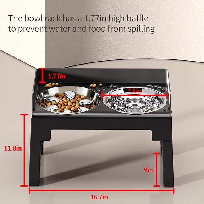 PAKEWAY Elevated Dog Bowls, Spill Proof, Tiltable Pet Feeder with 1 Stainless Steel Bowl &1 Stainless Steel Slow Feeder Bowl, 6 Height Adjustable Raised Bowls Stand for Medium Large Dogs