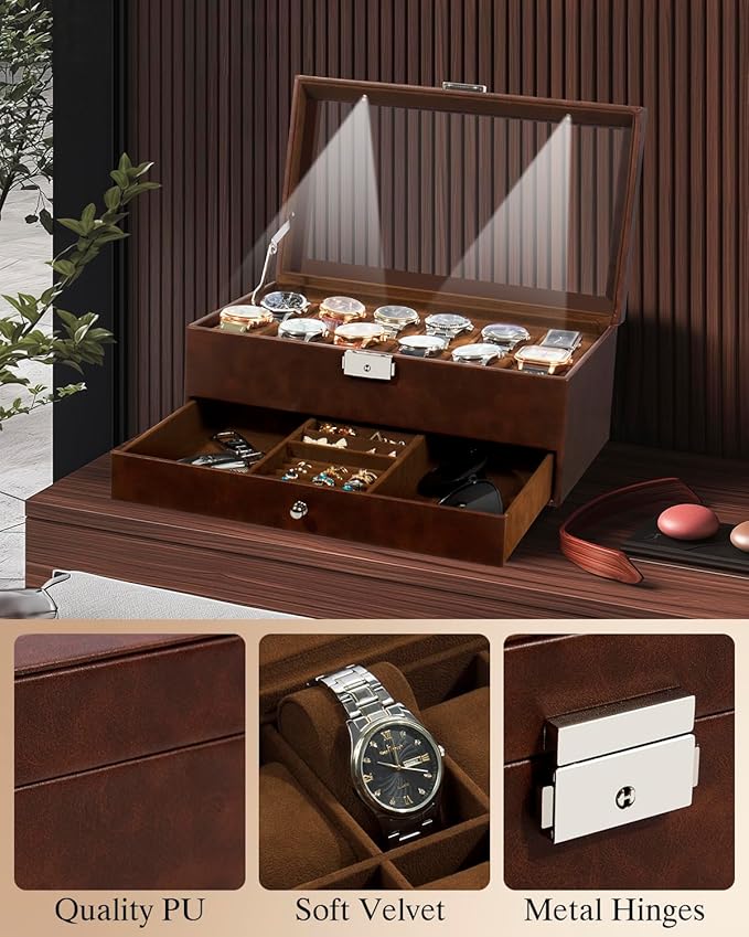 GUKA Watch Box 12 Slot Watch Display Organizer Leather Jewelry Case Drawer Glass Birthday for Men Women, Child Husband Dad GK-012-BROWN-LED-24