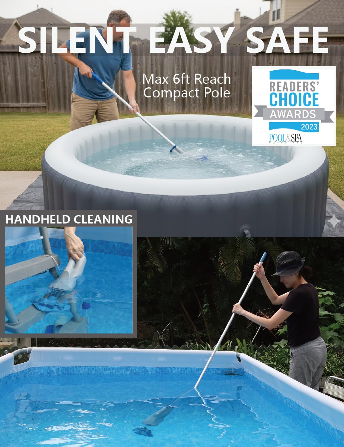 KOKIDO Cordless Handheld Pool Vacuum for Above Ground Pool, with 6ft Pole and 2 Vac Brush Heads, Ideal for Spot Clean Inground Pool Spa Hot Tub up to 20ft, Rechargeable, 60min, Sand and Debris XV110