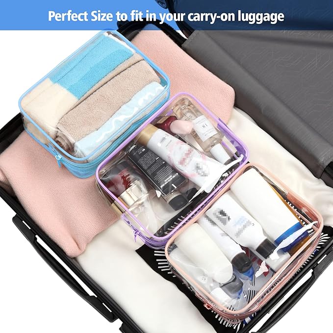 PACKISM TSA Approved Toiletry Bag 3 Medium - Quart Size Clear Makeup Bag for Carry On, Airport Security Compliant Clear Travel bag for Toiletries with Reinforced Seams, Blue Purple Pink