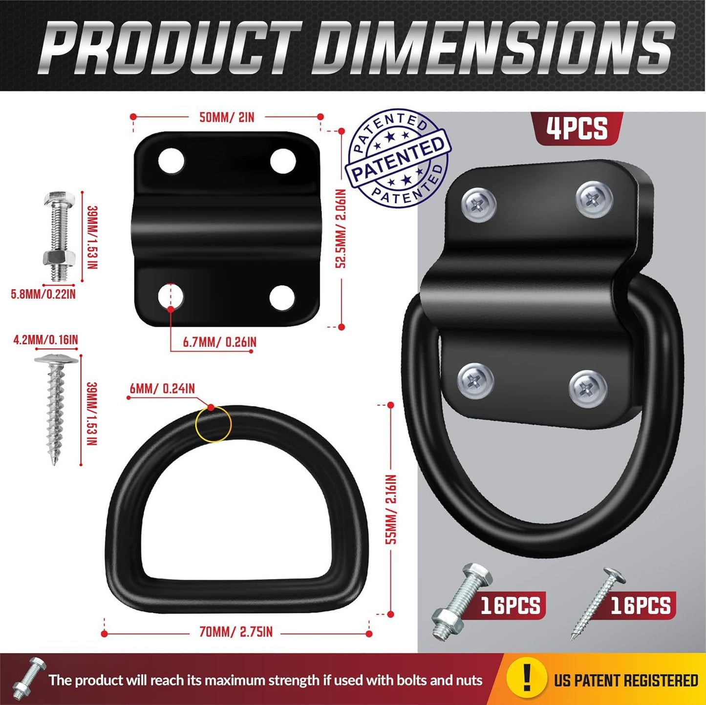 PAMAZY 4PCS Heavy Duty Steel D Rings Tie Down Anchors, Ultra Durable 3500 Pound Breaking Strength Surface Mount Hooks Securing Cargo for Trailer, Truck Bed, with Screws & Bolts