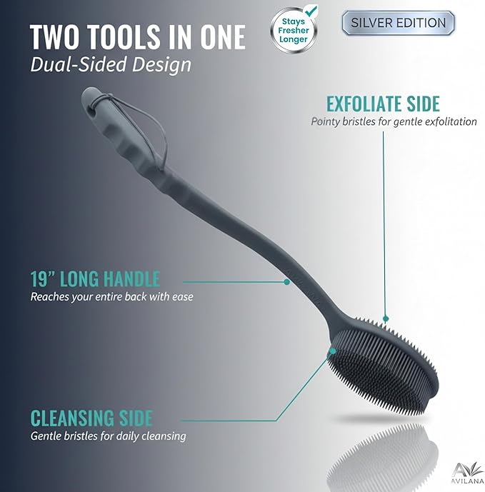 Avilana Silver Edition Back Scrubber Long Handle 19 Inch - Trusted Since 2017 - SGS Certified Silicone Bath Brush, Dual Sided Exfoliating Body Brush Extended Reach Back Washer Women Men Seniors Gift