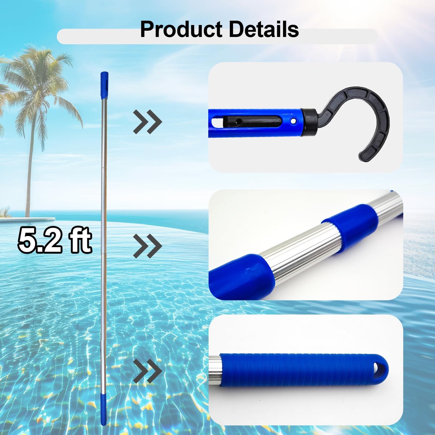 Hook for All Robotic Pool Cleaner with Adjustable Aluminum Pool Pole, Accessories Hook with 5.2 Feet Pole Customized for Pool Vacuum Robot Including Cordless,Above Ground and Underwater.
