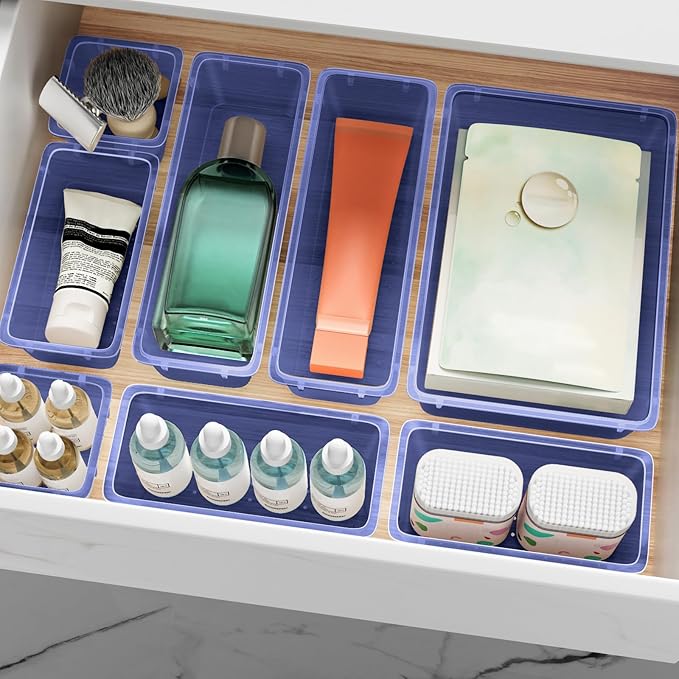 12 PCS Drawer Organizer Set, 4 Sizes Tool Storage Trays, Clear Plastic Makeup Vanity Organizer and Storage Bins for Stationeries, Multiple Gadgets for Office, Bedroom, Navy Blue