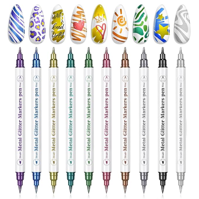 SAVILAND Nail Art Markers Set: 10 Dual-Tipped Metallic Quick Dry Nail Polish Art Pens Fine Tip for Painting Nails, Drawing Dots, Lines & Designs, Home DIY Nail Art Supplies