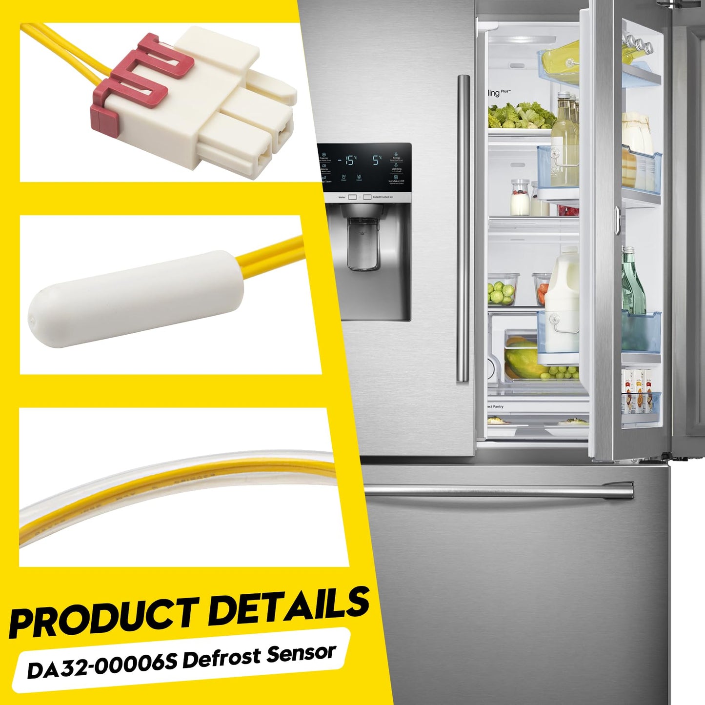 DA32-00006S Refrigerator Defrost Sensor, Fit for Samsung Kenmore 795 Evaporator Temperature Thermistor, Replace AP4308802 PS4138590 EA4138590, 5KΩ 16-Inch Wire for Frost-Free Fridges