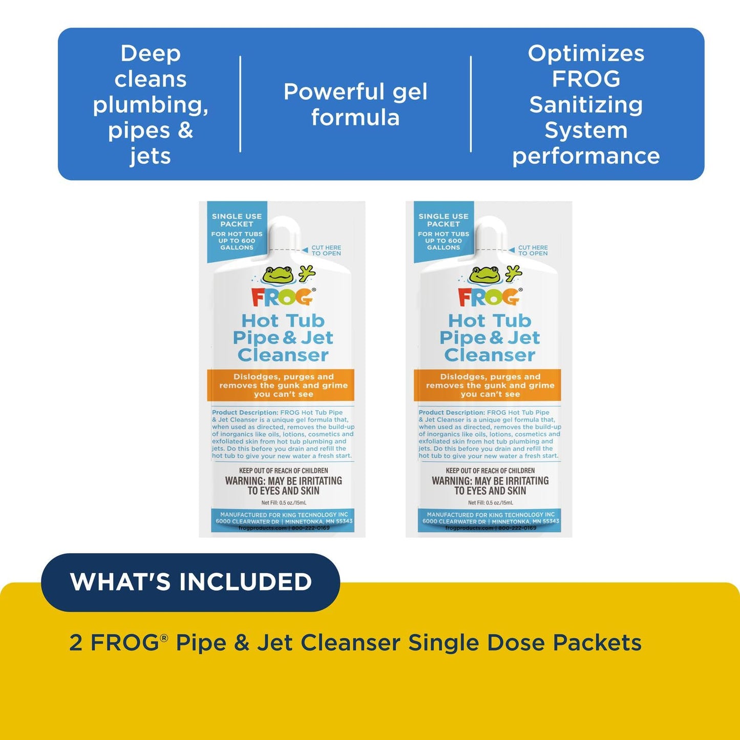 FROG Pipe & Jet Cleanser for Hot Tubs - Single Dose Deep Clean Purge Cleaner Packets for Clear Water - Prefilled for Hot Tubs to 600 Gallons - 2 Pack