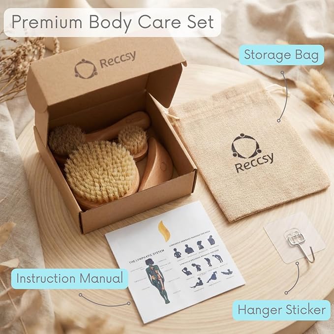 4pcs Dry Brushing Body Brush Set for Lymphatic Drainage-Natural Bristle Dry Skin Brush +Facial Dry Brush for Face+Dry Skin Exfoliating Scrubber+Wood Therapy Massage Tool. Gua Sha, Anti-Cellulite.