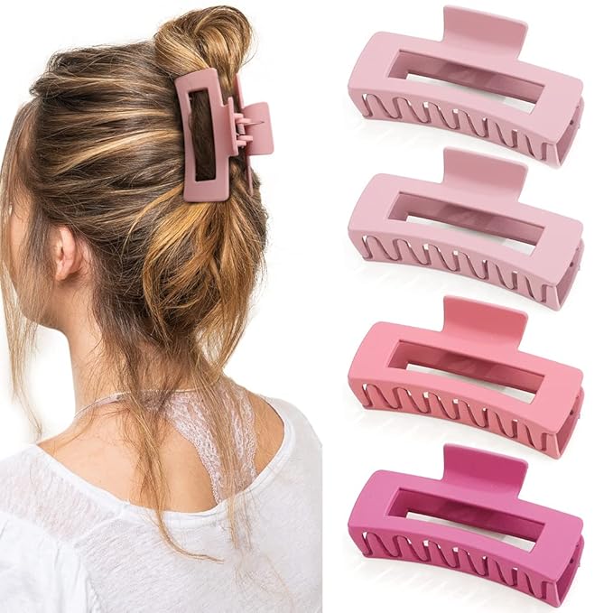 Canitor Pink Hair Clips Set for Women - 4PCS Matte Rectangular Claw Barrettes, Non-Slip Large Clips for Thick Hair, French Design