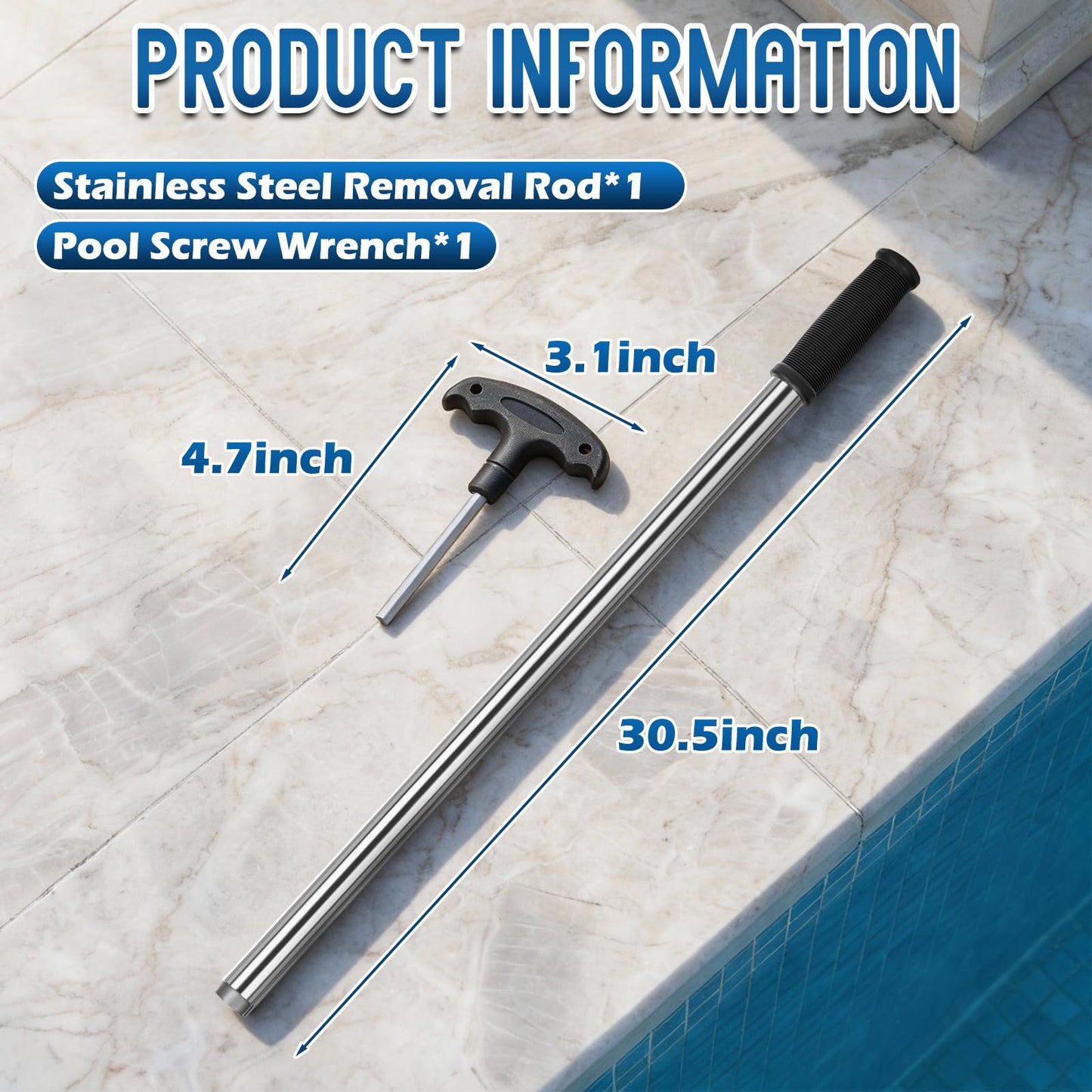 YUNVI Pool Cover Tool Set,30 1/2 inch Stainless Steel Pool Cover Rod with Hex Key,Swimming Pool Cover Installation and Removal Tool for Standard Pool Cover Anchors