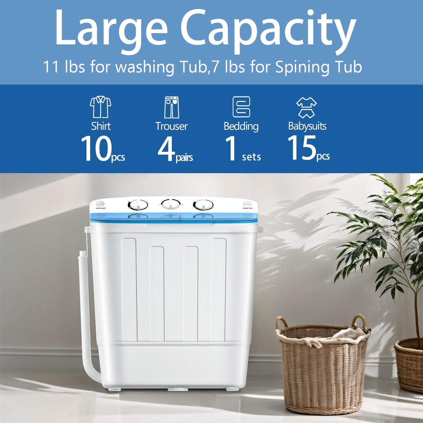 DOGHLY Portable Washing Machine, 18lbs Compact Laundry Washer, Free Drying Rack & 10 Hangers, 11lbs Wash & 7lbs Spin Dry, Twin Tub Mini Washing Machine for Dorm, RV, Camping, Apartment