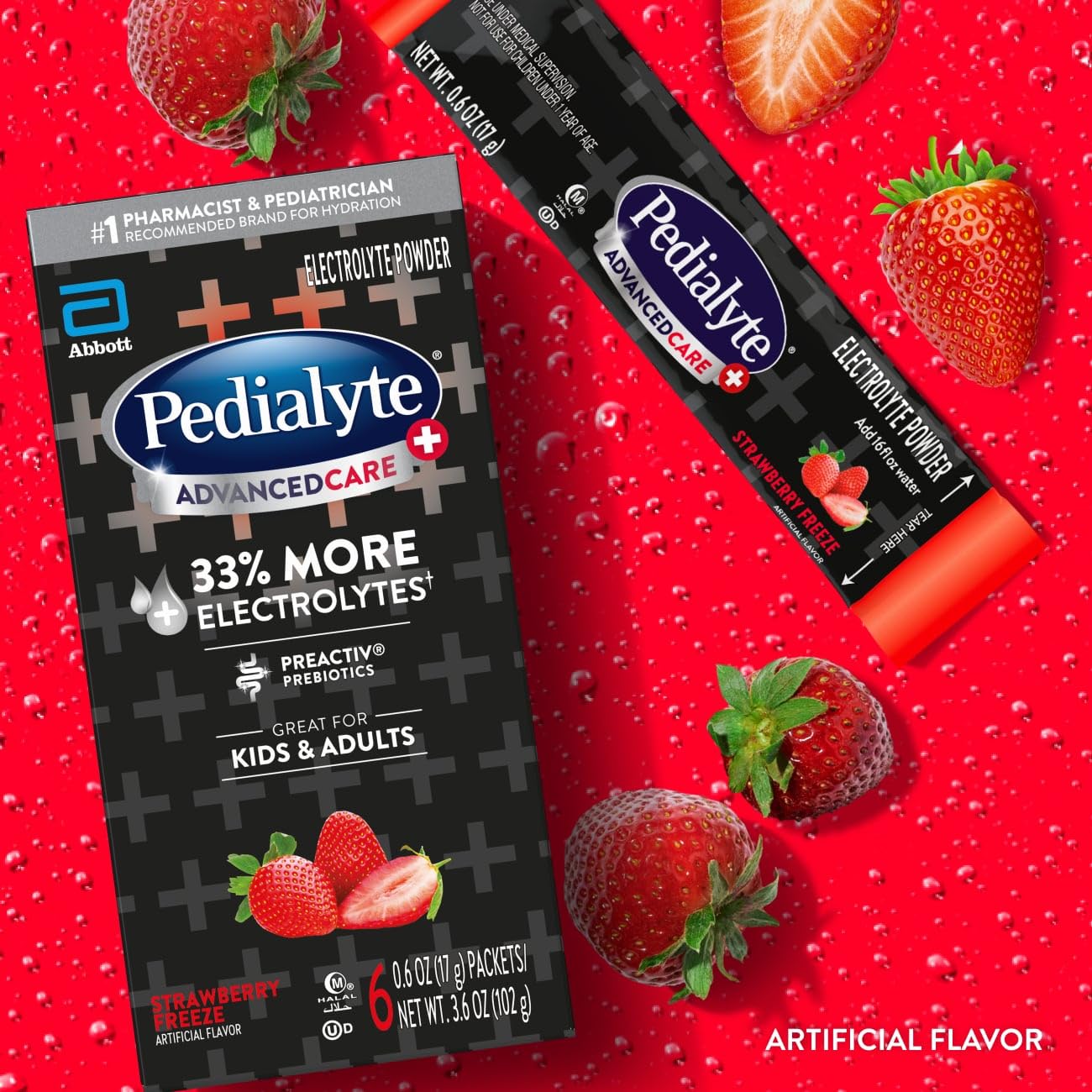 Pedialyte AdvancedCare Plus Electrolyte Powder, Has 33% More Electrolytes and PreActiv Prebiotics, Strawberry Freeze, 6 Powder Packets (Pack of 3)