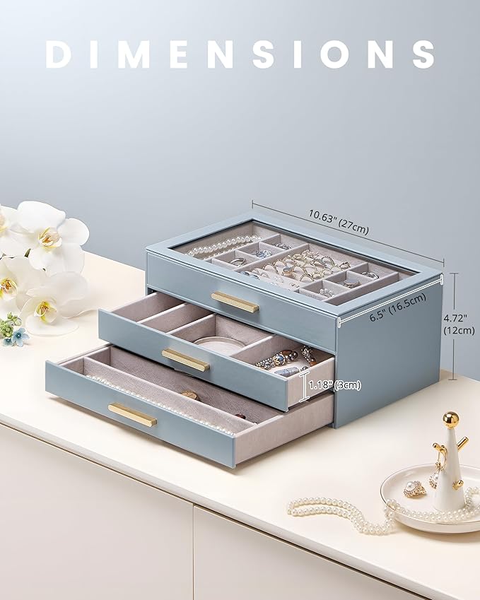 Lolalet Jewelry Box Organizer, 3-Layer Jewelry Organizers and Storage Case with Glass Lid, Ring Earring Bracelet Necklace Holder Organizer, Birthday Valentine Gifts for Women Girls -3Layer, HazeBlue