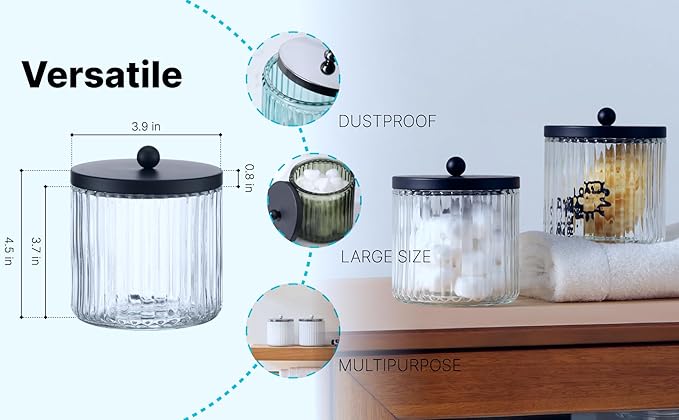 KMwares 2-Pack Glass Qtip Holder Dispenser Set for Cotton Ball, Swab, Round Pads, Floss Picks - Bathroom Canister Storage Organization and Vanity Makeup Organizer(Olive Green)