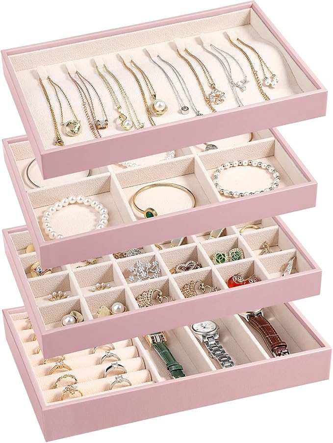LANDICI Stackable Jewelry Organizer Trays 4 Set,PU Leather Jewelry Organizer Drawer,Jewelry Storage Display Tray for Earring Necklace Rings Bracelet with Removable Dividers,Rose Gold