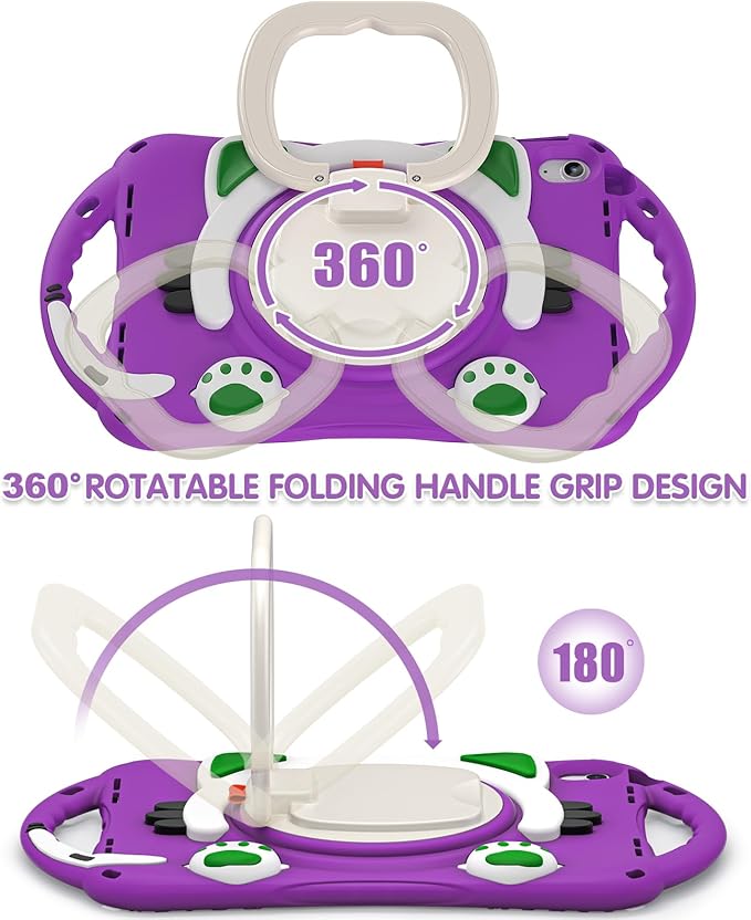 BRAECN Cute Cat Case for iPad (A16) 11th/10th Generation 11”/10.9'' 2025/2022, Silicone Kids Boys Case with Pencil Holder, Carrying Shoulder Strap, 360°Rotating Handle Grip & Kickstand, Purple