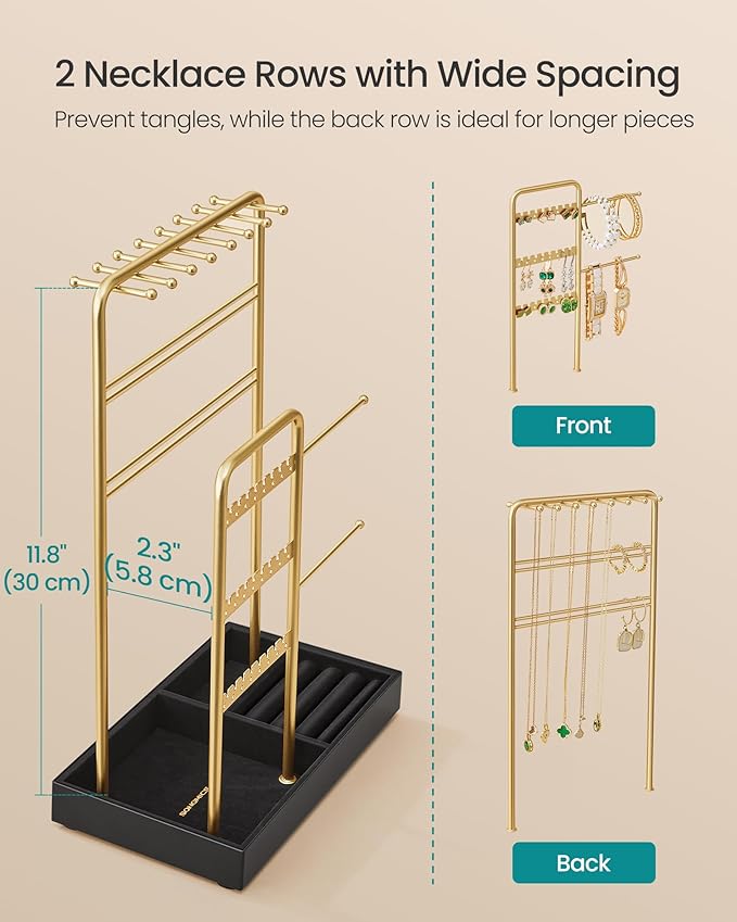 SONGMICS Jewelry Holder, Jewelry Organizer Display Stand with Metal Frame, Velvet Tray, Necklace Earring Bracelet Holder, for Studs, Rings, Gift Idea, Pale Gold and Ink Black UJJS021AB02