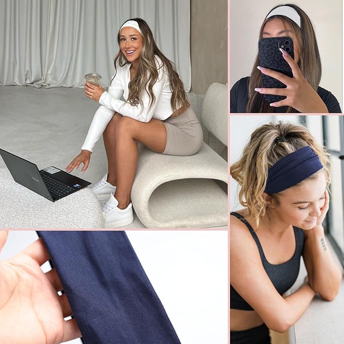 6 Pcs Headbands for Women Hair Cotton Headband Non-slip Stretchy Elastic Head Wrap Holder Hair Accessories White Navy Blue Color