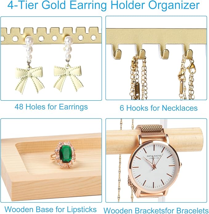 Jewelry Organizer Stand, Jewelry Holder, Lengnoy 4 Tier Earring Holder with 48 Holes and 6 Hooks Necklace Organizer Wood Box for Necklace Bracelet Earring Ring, Gold