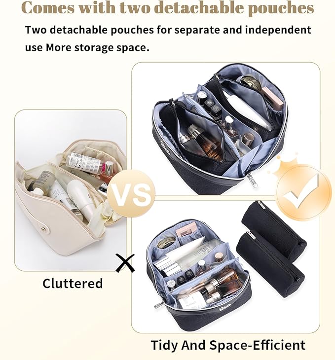 BOYATU Travel Makeup Bags Cosmetic Organizer Bag: 3-Set Large Capacity Make up Bag - PU Leather Toiletry Bags for Women - Wide Open Portable Pouch with Divider & Handle (A-Black)