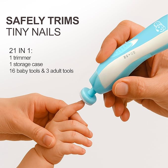 Royal Angels Upgraded 21 in 1 Baby Nail Trimmer with Labeled Case, 13 Extra Replacement Pads, Safe Electric Baby Nail File Kit for Newborns & Toddlers, Whisper Quiet Nail Clipper with LED Light (Blue)