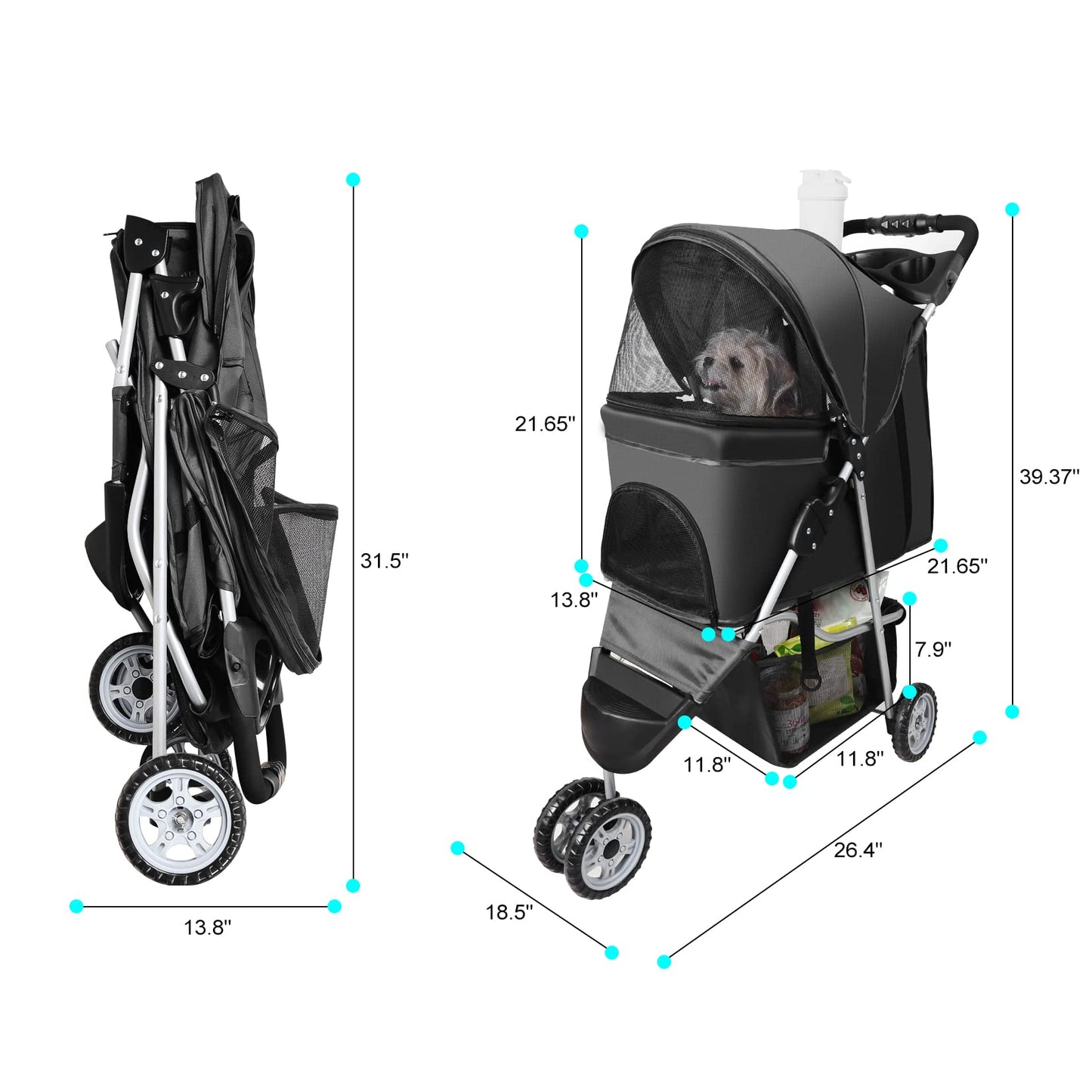 Pet Strollers for Small Medium Dogs & Cats, 3-Wheel Dog Stroller Folding Flexible Easy to Carry for Jogger Jogging Walking Travel with Sun Shade Cup Holder Mesh Window (Black)